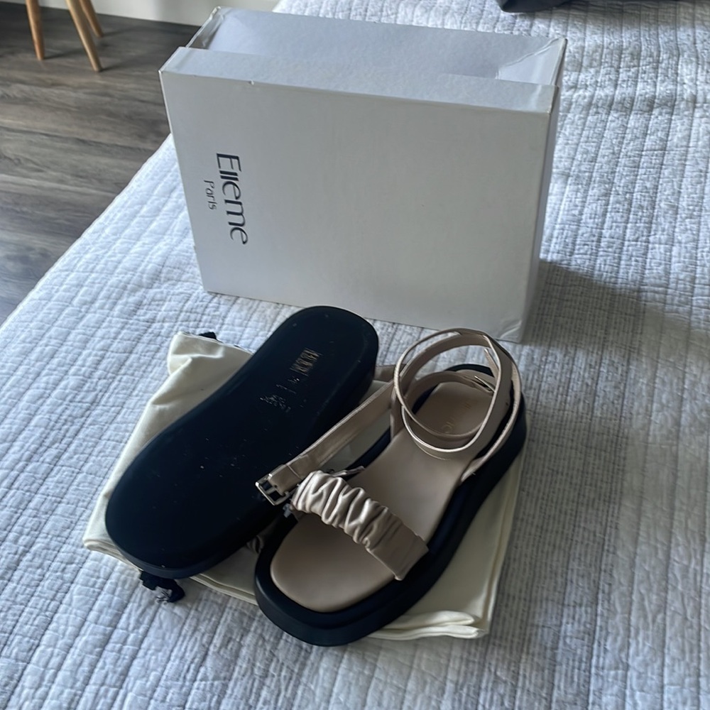 Elleme Chouchou Ruched Ankle-Strap Leather Platform Sandals Taupe.